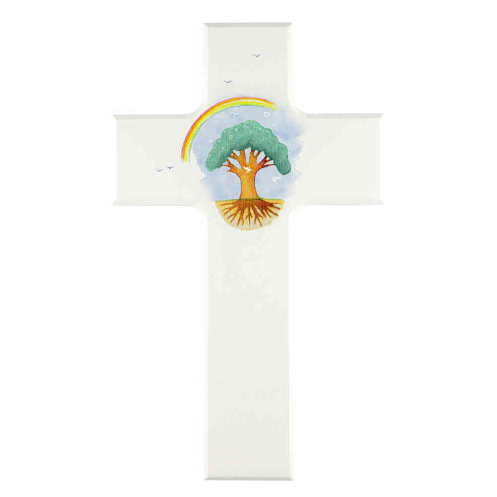 Wandkreuz Kinder-Kreuz Holz weiß 15x9cm mit Bild-Motiv Kreuz und