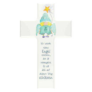 Kinderkreuz Ich werde einen Engel schicken - Schutzengel mit Stern Holz wei  bunt bedruckt 15 cm