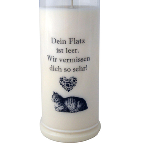 Katzen Grabkerze Dauerbrenner 7 Tage wei - Dein Platz ist leer - 20 x 7,5 cm Tiertrauer